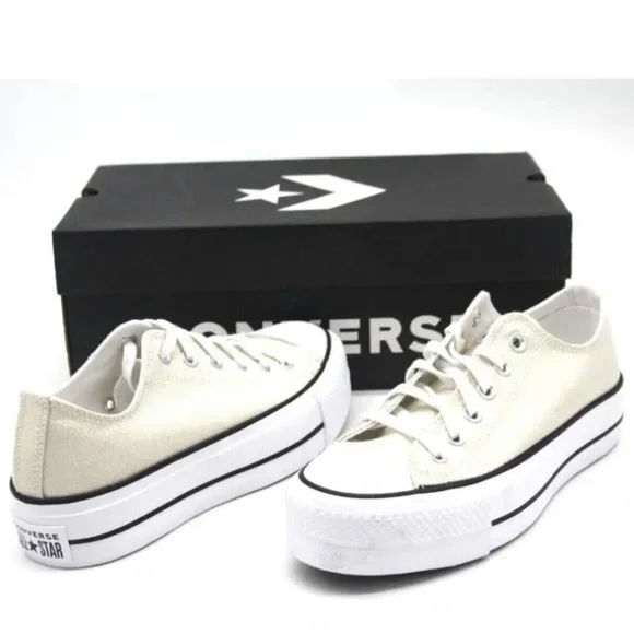 Converse Women's All Star Ox Lift Gold/Cream Sparkling Canvas Platform Sneakers - Picture 3 of 16